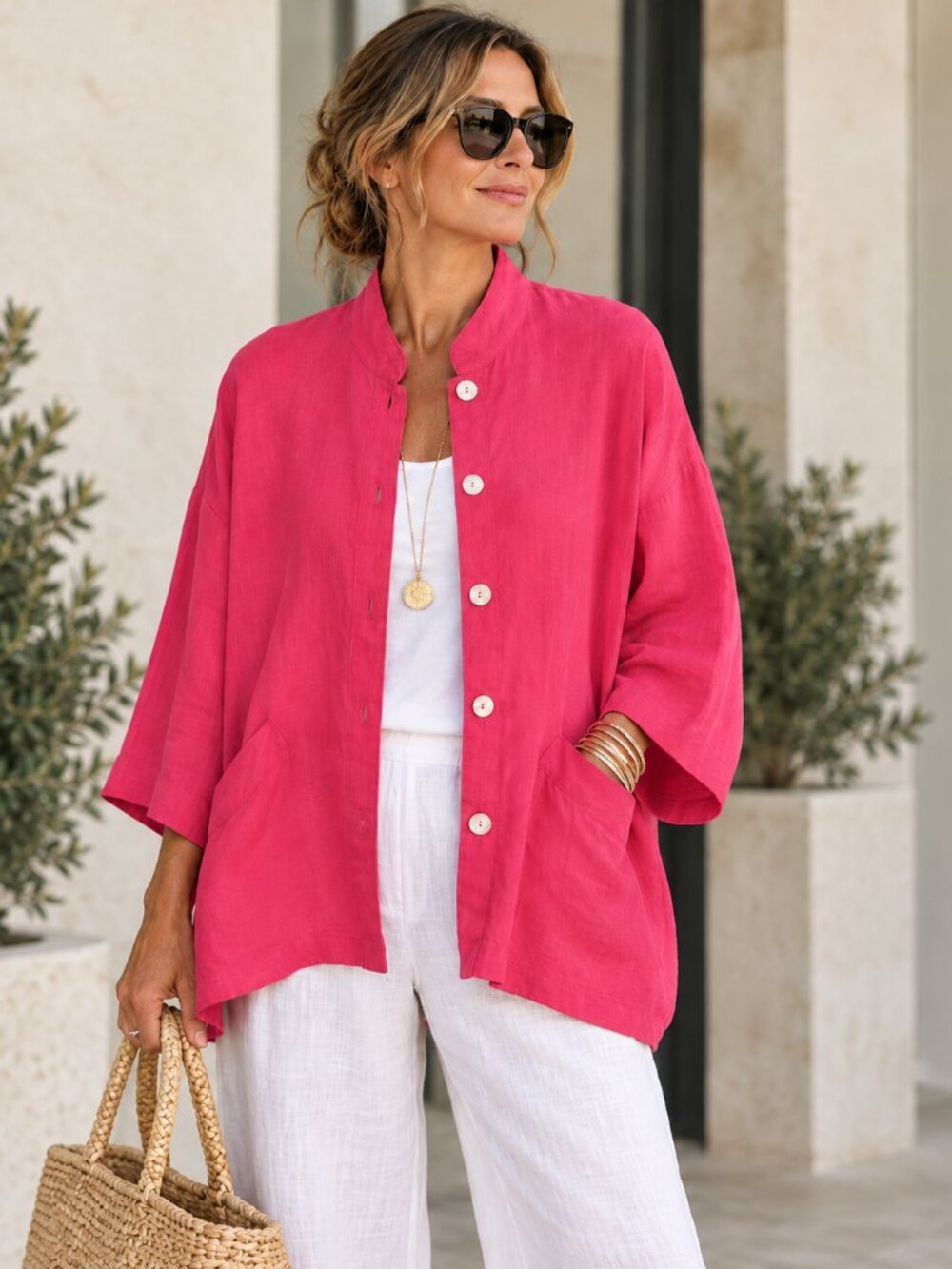 bryn Walker Hot Pink Mandarin-Collar Button Front Blouse